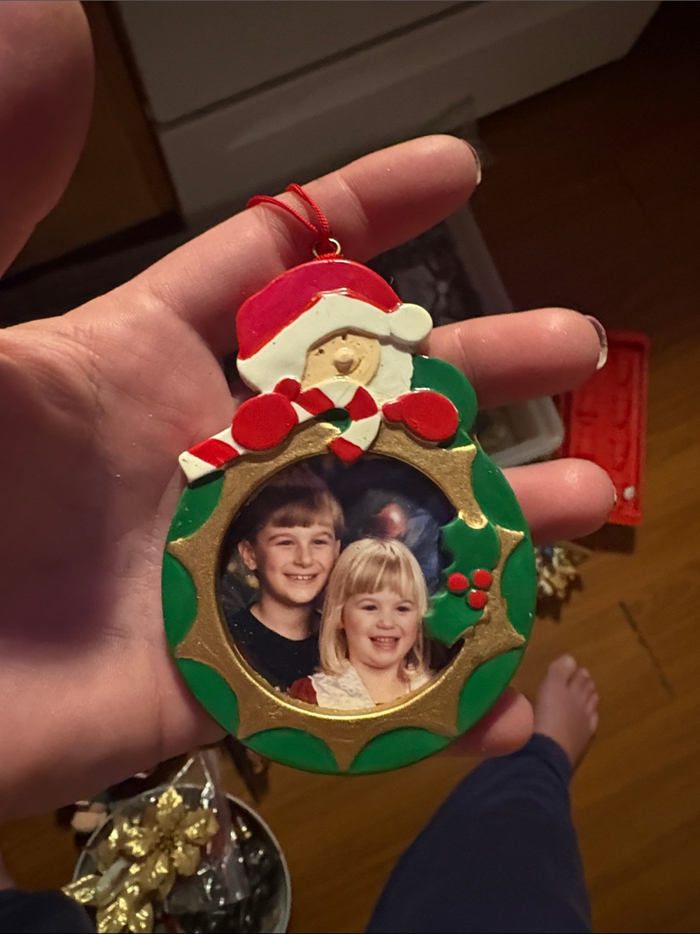 Santa Wreath Photo Ornament in Red, Green and Gold - Holiday Home Accent